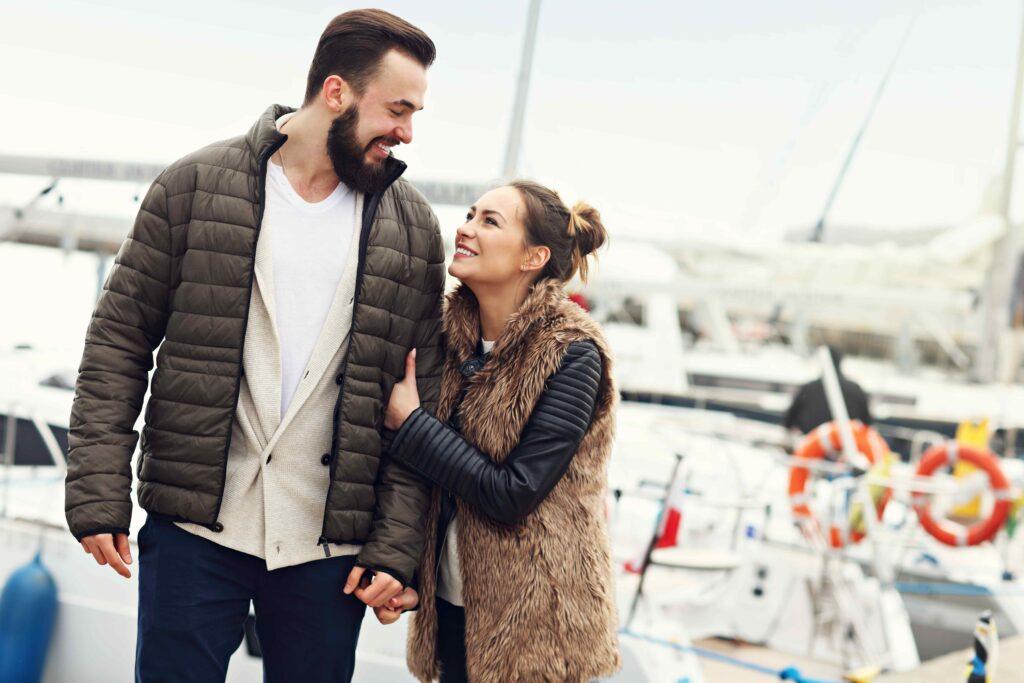 Couple having fun at a marina